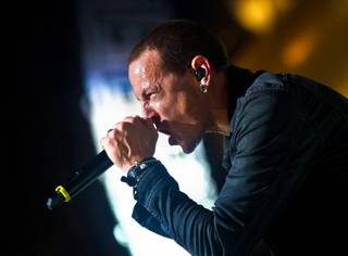 Linkin Park performs for the crowd late Day 2 of Rock in Rio USA on Saturday, May 9, 2015.