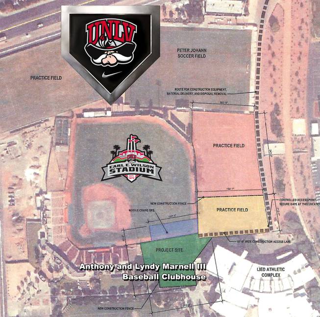 A map showing the plans of UNLV's Anthony and Lyndy Marnell III Baseball Clubhouse, a state-of-the-art two-story facility that will be located down the first-base line inside Earl E. Wilson Stadium.