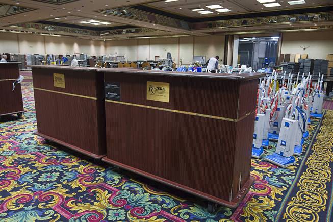 Portable bar fronts ($345.00 each) are shown during the first day of a liquidation sale at the Riviera Thursday, May 14, 2015.