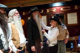 Contestants take part in the Whiskerino Contest, a facial hair competition during the Las Vegas Elk's Helldorado Days, Sat May 16, 2015.