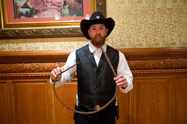 Kevin Riordan poses for a portrait after winning Most Unique Beard at the Whiskerino Contest, a facial hair competition during the Las Vegas Elk's Helldorado Days, Sat May 16, 2015.