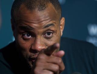UFC light heavyweight contender Daniel Cormier makes a serious point during the UFC187 media day  at the MGM Grand on Thursday, May 21, 2015.