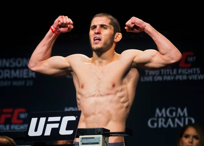 Lightweight contender Islam Makhachev shows off for the crowd during UFC187 weigh ins at the MGM Grand Ballroom on Friday, May 22, 2015.