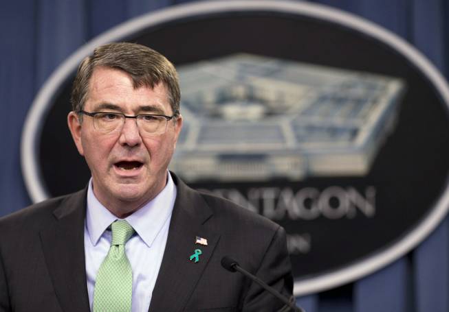Defense Secretary Ash Carter speaks during a news conference at the Pentagon in Washington on May 1, 2015. The Islamic State group’s takeover of Ramadi is evidence that Iraqi forces do not have the “will to fight," Carter said in an interview on CNN’s “State of the Union” that aired Sunday, May 24, 2015.