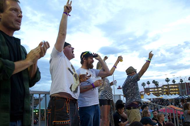 Fans sing along with a band from the bleachers during the 17th annual Punk Rock Bowling & Music Festival in downtown Las Vegas Sunday, May 24, 2015.