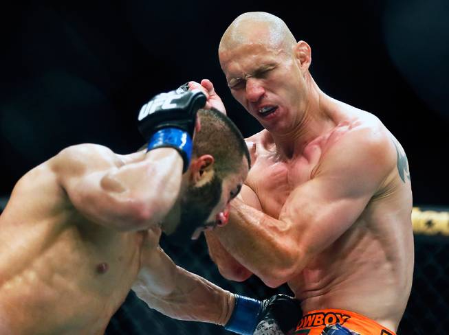 UFC lightweight contender John Makdess connects with a hard punch to the gut of opponent Donald Cerrone during their UFC 187 fight at the MGM Grand Garden Arena on Friday, May 22, 2015.