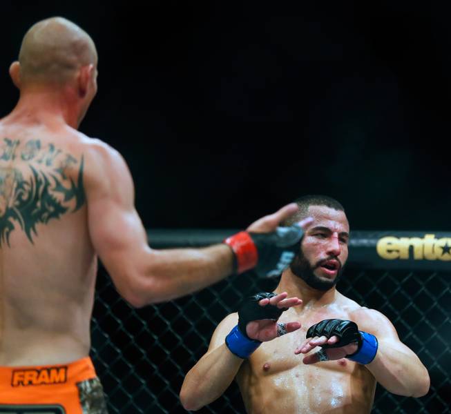 UFC lightweight contender Donald Cerrone is confused as contender John Makdessi waves off their battle to the refreee during their UFC 187 fight at the MGM Grand Garden Arena on Friday, May 22, 2015.