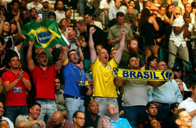 Brasil fans cheer UFC middleweight Vitor Belfort as he is announced in the octagon for his UFC 187 fight versus champion Chris Weidman at the MGM Grand Garden Arena on Friday, May 22, 2015.