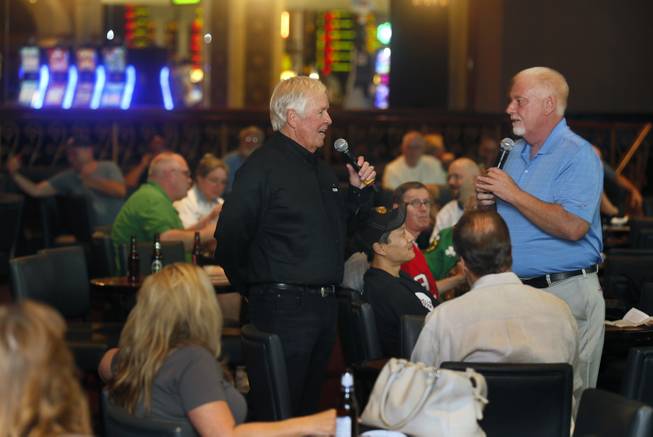 Bill Foley, the businessman trying to bring a NHL team to Las Vegas, talks with Brian Blessing while also meeting with fans at Sunset Station.