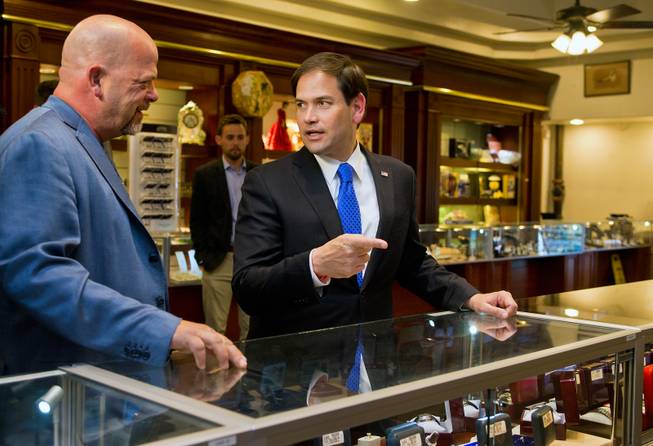 Rick Harrison with the World Famous Gold & Silver Pawn Shop gives a tour of the place to GOP Presidential candidate Marco Rubio in Vegas during his first visit here as declared candidate on Thursday, May 28, 2015.