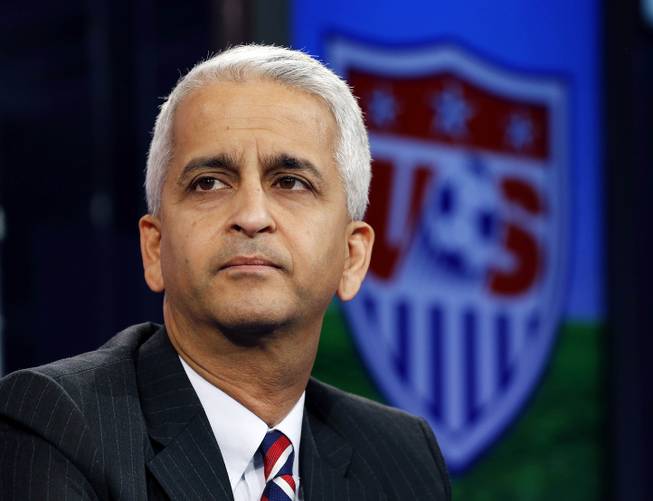 This Oct. 10, 2014, file photo shows Sunil Gulati, president of the United States Soccer Federation, during a press conference in Bristol, Conn. The United States says it will vote for Jordan's Prince Ali bin Al-Hussein for FIFA president Friday, May 29, 2015 and not for incumbent Sepp Blatter.