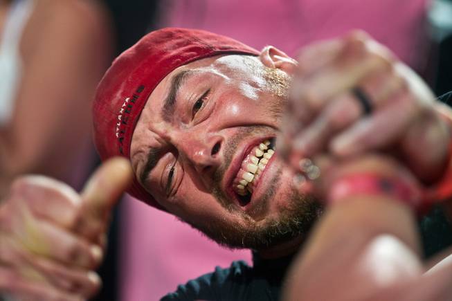 Josh Eleton of Bremen, Georgia, muscles his way to a win during the World Armwrestling League's Las Vegas regional this weekend at the UNLV Cox Pavilion on Saturday, May 30, 2015.