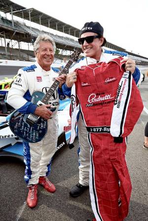 Mario Andretti and Neal Schon are shown a Indianapolis Motor Speedway on May 23, 2015.