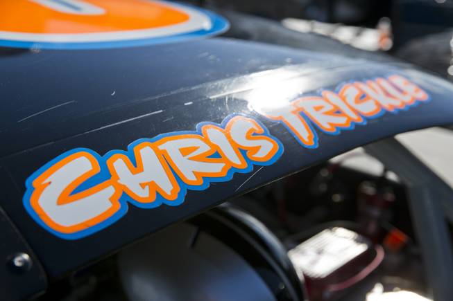 Chris Trickle's name is printed above the door of his car May 16, 2015, at the Bullring at Las Vegas Motor Speedway.