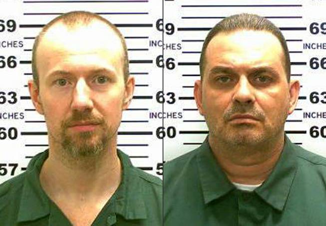 This combination made from photos released by New York State Police shows inmates David Sweat, left, and Richard Matt. Authorities on Saturday, June 6, 2015, said Sweat, 34, and Matt, 48, both convicted murderers, escaped from the Clinton Correctional Facility in Dannemora, N.Y.