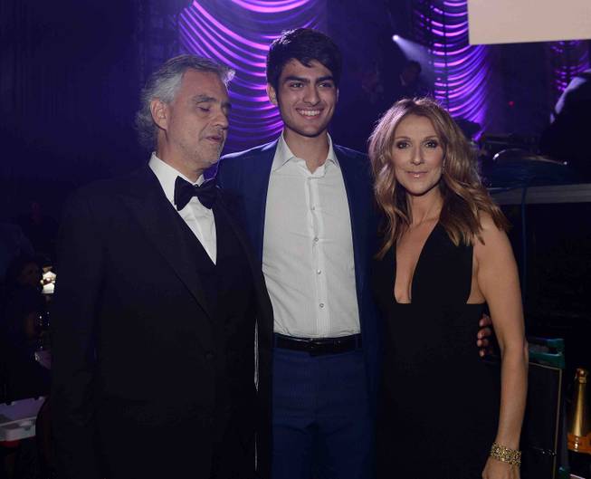 Andrea Bocelli, Matteo Bocelli and Celine Dion backstage at the ...