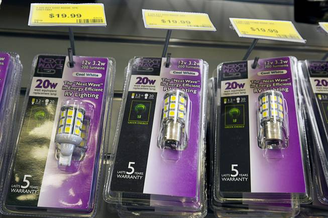 Replacement LED bulbs for RVs are displayed in the Batteries Plus Bulbs store, 2546 E Craig Road, in North Las Vegas Monday, June 22, 2015. The bulbs are cooler and use less energy than the halogen bulbs that they replace.