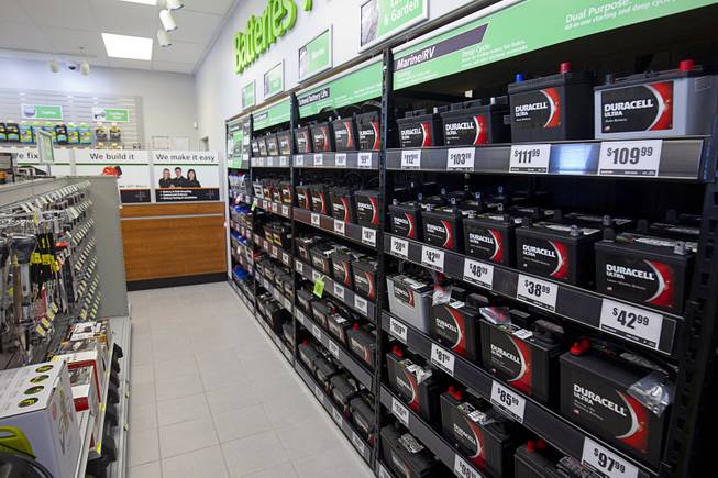 Batteries for cars, marine and home and garden are displayed in the Batteries Plus Bulbs store, 2546 E Craig Road, in North Las Vegas Monday, June 22, 2015.