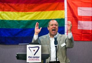 The Center CEO Michael Dimengo gets the crowd fired up as they celebrate with a Decision Day Rally in conjunction with the Nevada Equality Commission on Friday, June 26, 2015.