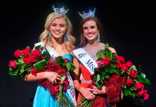 Newly crowned Miss Nevada Outstanding Teen Lauren Watson and Miss Nevada Katherine Kelley together on the stage following the pageant at the Smith Center on Saturday, June 27, 2015.