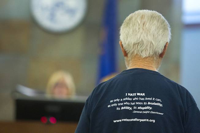 Anti-drone activist Barry Binks of Veterans For Peace appears before Justice of the Peace Melissa Saragosa in Justice Court at the Clark County Regional Justice Center in Las Vegas Tuesday, June 30, 2015. Activists are facing misdemeanor charges in relation to a March 6, 2015 protest at Creech Air Force Base, about 45 miles northwest of Las Vegas.