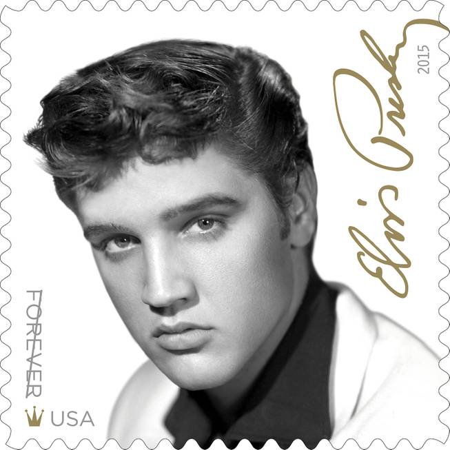 This image released by the United States Postal Service shows the new Elvis Presley forever stamp available August 12. The USPS is also releasing an Elvis Presley greatest hits CD "Forever Elvis" to go along with the new commemorative stamp.