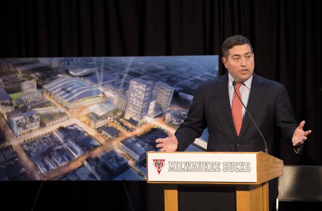 Milwaukee Bucks President Peter Feigin speaks at a press conference where a new arena proposal was announced Wednesday, April. 7, 2015, in Milwaukee. 