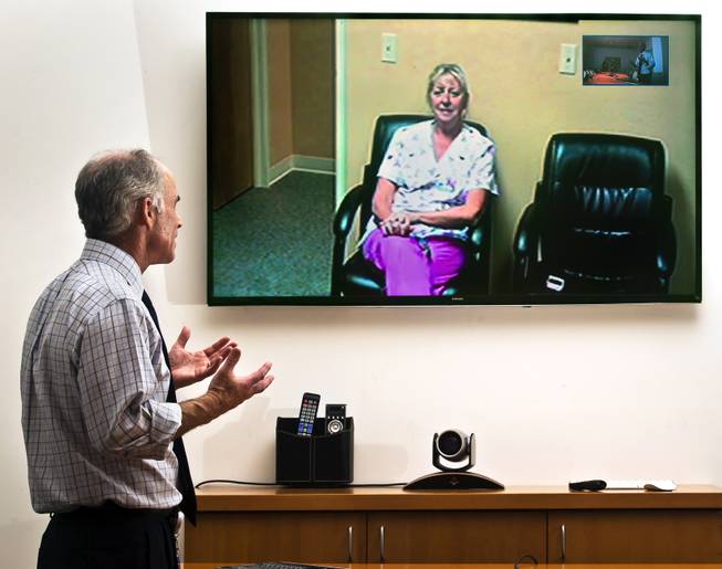 Dr. Charles Bernick at the Lou Ruvo Center for Brain Health conducts a telehealth session with Sue Burich who is a nurse supervisor at the Ruvo Center in Elko, Nevada.