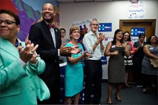 The Hillary for Nevada campaign state director Emmy Ruiz opens their first official Nevada office in Las Vegas joined by elected officials, community leaders, campaign staff and supporters on Thursday, July 9, 2015.