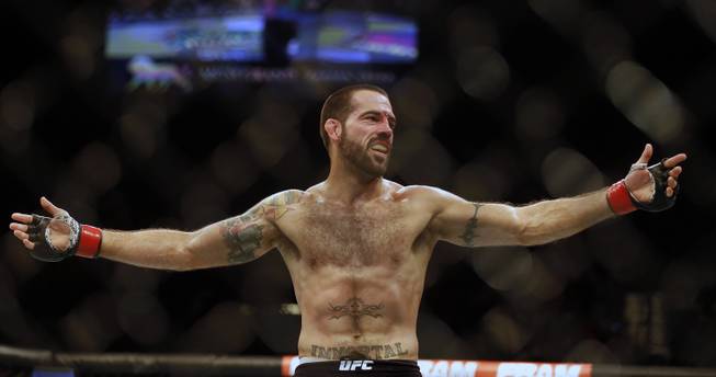 Welterweight Matt Brown celebrates his first round submission of Tim Means during their UFC189 fight at the MGM Grand Garden Arena  on Saturday, July 11, 2015.