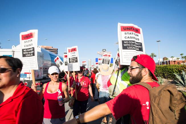 The Culinary Union protests in front of Palace Station, in an ongoing attempt to unionize employees at the Station Casinos chain, Friday July 10, 2015.