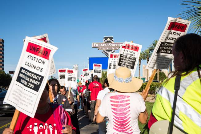 The Culinary Union protests in front of Palace Station, in an ongoing attempt to unionize employees at the Station Casinos chain, Friday July 10, 2015.