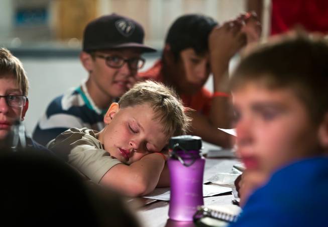 A young scout naps as Las Vegas Astronomical Society members instruct others as to what they may observe through telescopes at their camp on Mt. Potosi on Tuesday, June 23, 2015.