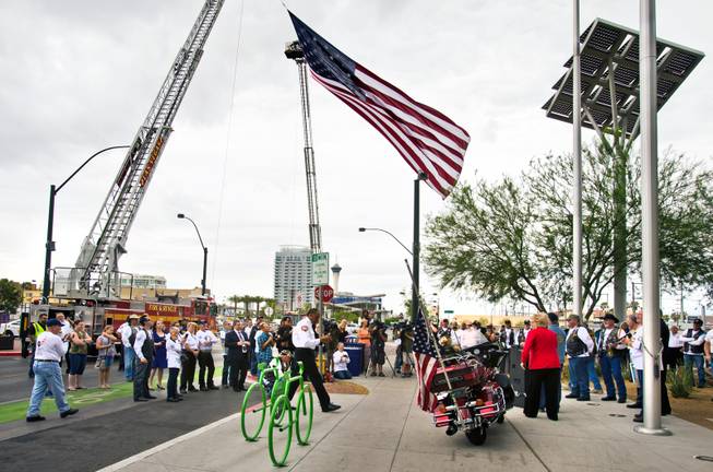 The 2015 Patriot Tour makes a stop at the Las Vegas City Hall with over 50 motorcycles along and receives donations and proclamations from Mayor Caroline Goodman and others on Monday, July 20, 2015.