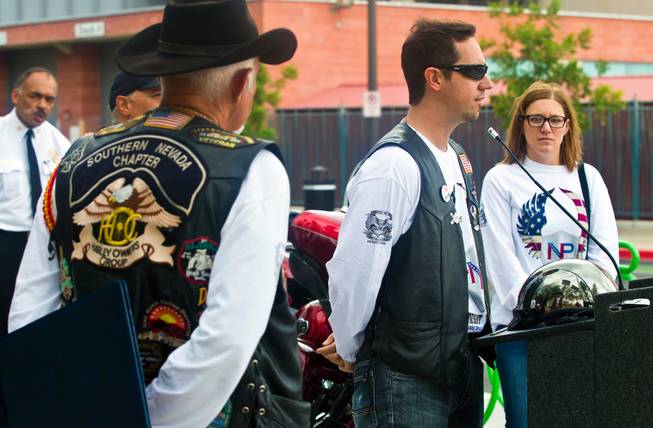 Nation of Patriots founder Bill Shever with wife Margo speak during the 2015 Patriot Tour stop at Las Vegas City Hall with over 50 motorcycles along on Monday, July 20, 2015. Shever had friends who saw military action and started the tour upon their return home to Milwaukee, Wisconsin.
