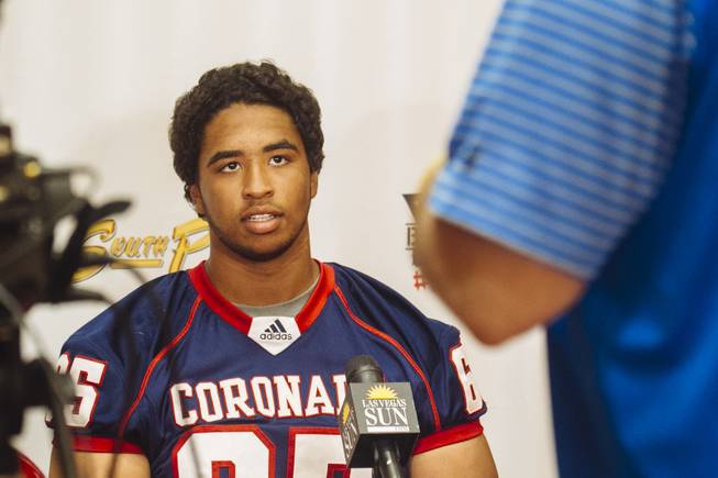 Donovan Outlaw is interviewed by Ray Brewer at the Las Vegas Sun's high school football media day at the South Point on July 22, 2015.