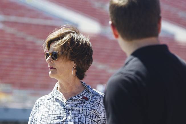 Renovations at Sam Boyd Stadium this summer brought new turf to the facility for the first time since 2003. The $1.2 million project also widened the playing surface, which cut 860 total seats from the east and west sidelines. Director Tina Kunzer-Murphy discusses the project during a tour on July 23, 2015.
