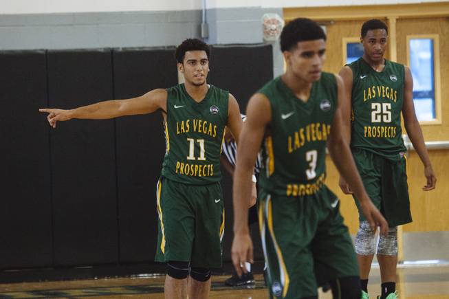 Markus Howard (11) from the Las Vegas Prospects signals to his teammates during the Bigfoot Hoops Las Vegas Classic at Desert Pines High School on Thursday, July 23, 2015.
