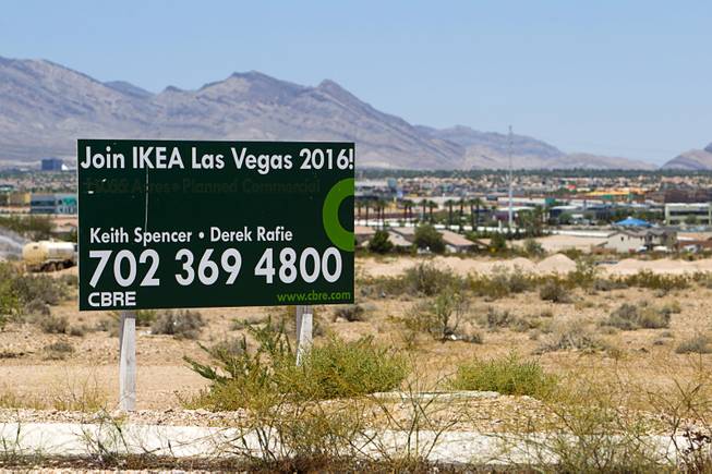 A real estate sign is shown on vacant property north of the Ikea Las Vegas construction site at Durango Drive and Sunset Road Tuesday, July 28, 2015. The store is expected to open in the summer of 2016.