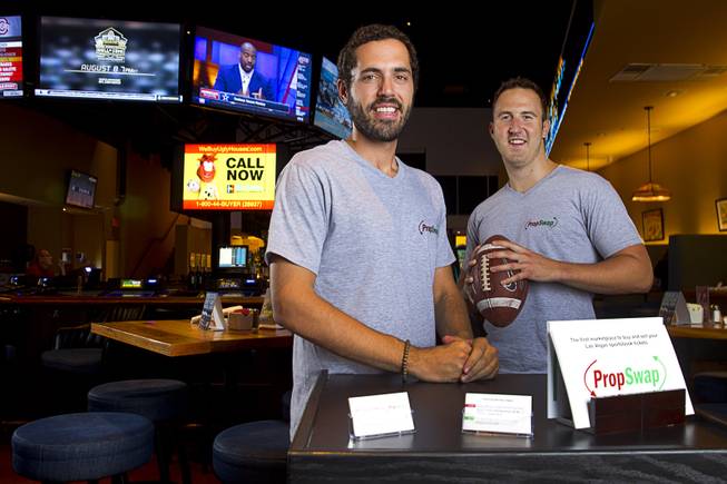 Ian Epstein and Luke Pergande, partners and co-founders of PropSwap, at The Sporting Life Bar, 7770 S. Jones Blvd., on Thursday, July 30, 2015, in Las Vegas. PropSwap is the first marketplace to buy and sell Nevada sports book tickets, they said.