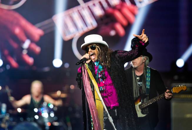 Aerosmith lead singer Steven Tyler performs Saturday, Aug. 1, 2015, at MGM Grand Garden Arena.