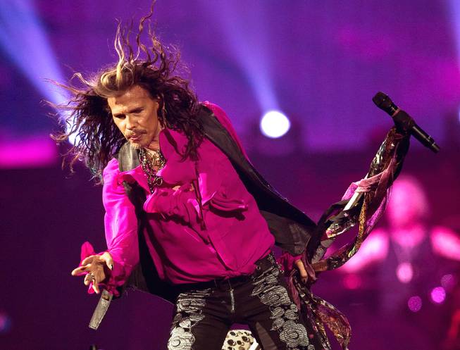 Aerosmith lead singer Steven Tyler greets the crowd Saturday, Aug. 1, 2015, at MGM Grand Garden Arena.