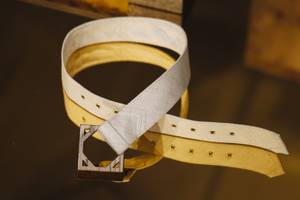 A handcrafted belt available for purchase at Retrofit Painting of Las Vegas by Thomas Willis showing at P3Studio inside the Cosmopolitan Hotel. The exhibit will run until August 9, 2015.