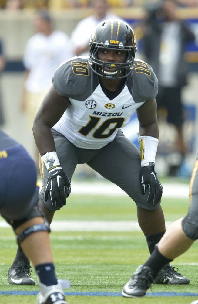 Missouri Tigers linebacker Kentrell Brothers (10) lines up in the third quarter of a 49-24 win over the Toledo Rockets in an NCAA college football game in Toledo, Ohio, Saturday, Sept. 6, 2014.