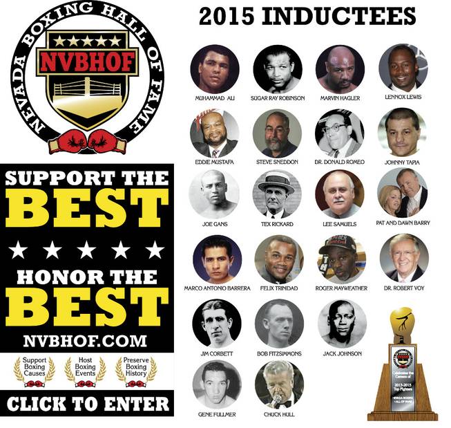 A poster for the Nevada Boxing Hall of Fame's 2015 induction. Notables such as Muhammad Ali and Lennox Lewis will join the Hall.
