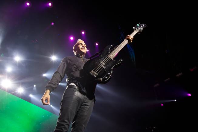 Bassist Pete Wentz of Fall Out Boy performs at Mandalay Bay Events Center on Friday, Aug. 7, 2015, during their “Boys of Zummer Tour” with Wiz Khalifa.