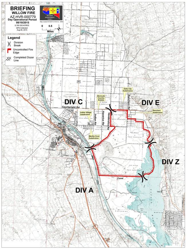 A map shows the area affected by the fire in Mohave Valley, Ariz., on Monday, Aug. 10, 2015.