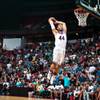 White Team player Blake Griffin soars through the air for a dunk during the USA Basketball Las Vegas Showcase game Thursday, Aug. 13, 2015, at the Thomas & Mack Center.