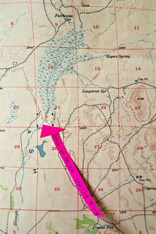 Decades old map which shows the historical path of the stream running through the current Patch of Heaven church camp property in Pahrump owned by pastor Victor Fuentes and wife Annette on Tuesday, July 28, 2015.