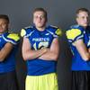 Moapa Valley Pirates, from left, RJ Hubert (11), Nate Cox (12), and Dennis Whitmore (75) during Las Vegas Sun's High School Football media day, Monday, July 27, 2015.
